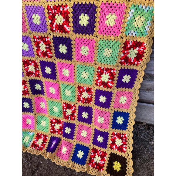 Vintage Colorful Granny Square Crochet Afghan 75x56" - Picture 6 of 16